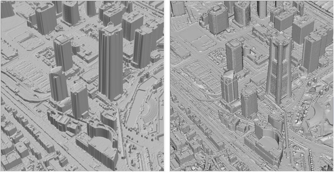 図1　従来の撮影カメラとオブリークカメラで作成した地形モデルの比較
