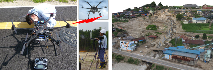 図2　左：UAV計測機材と計測風景、右：UAV画像から作成した地形モデル