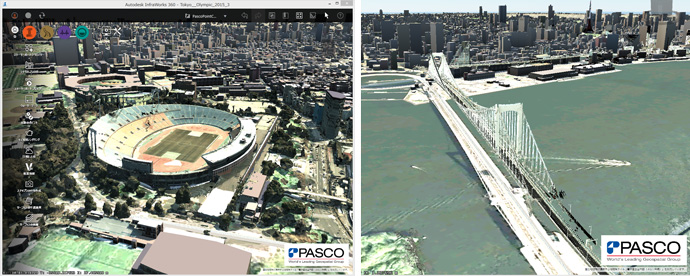 図3　 オブリークカメラやレーザースキャナー、UAV画像等により取得された3次元データを周辺地形に重ね合わせたイメージ