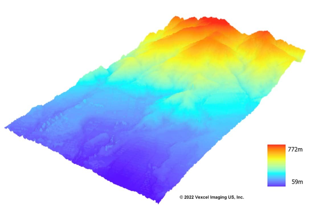 山間部を含む高低差のある地域のDSM（数値表層モデル）データ